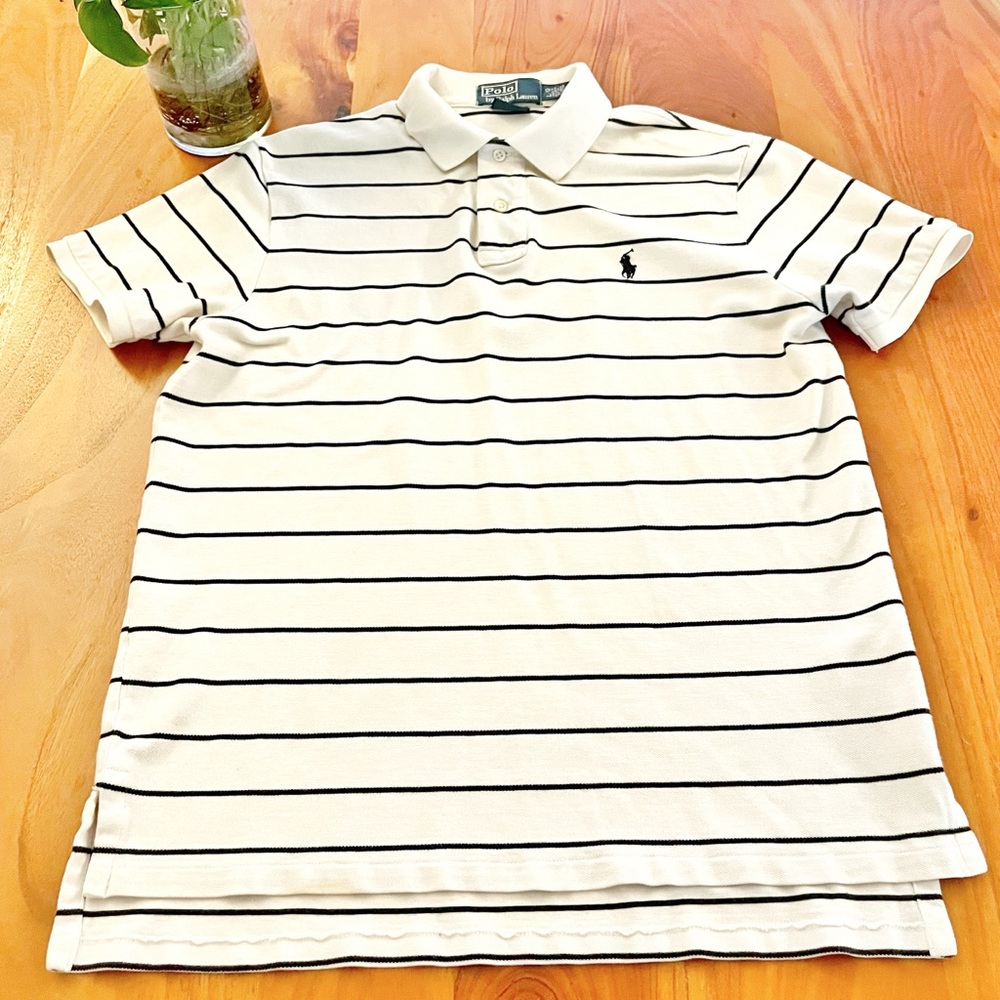 Polo by Ralph Lauren Stripes Cream White Textured Knit T Shirt Mens Size Large.
